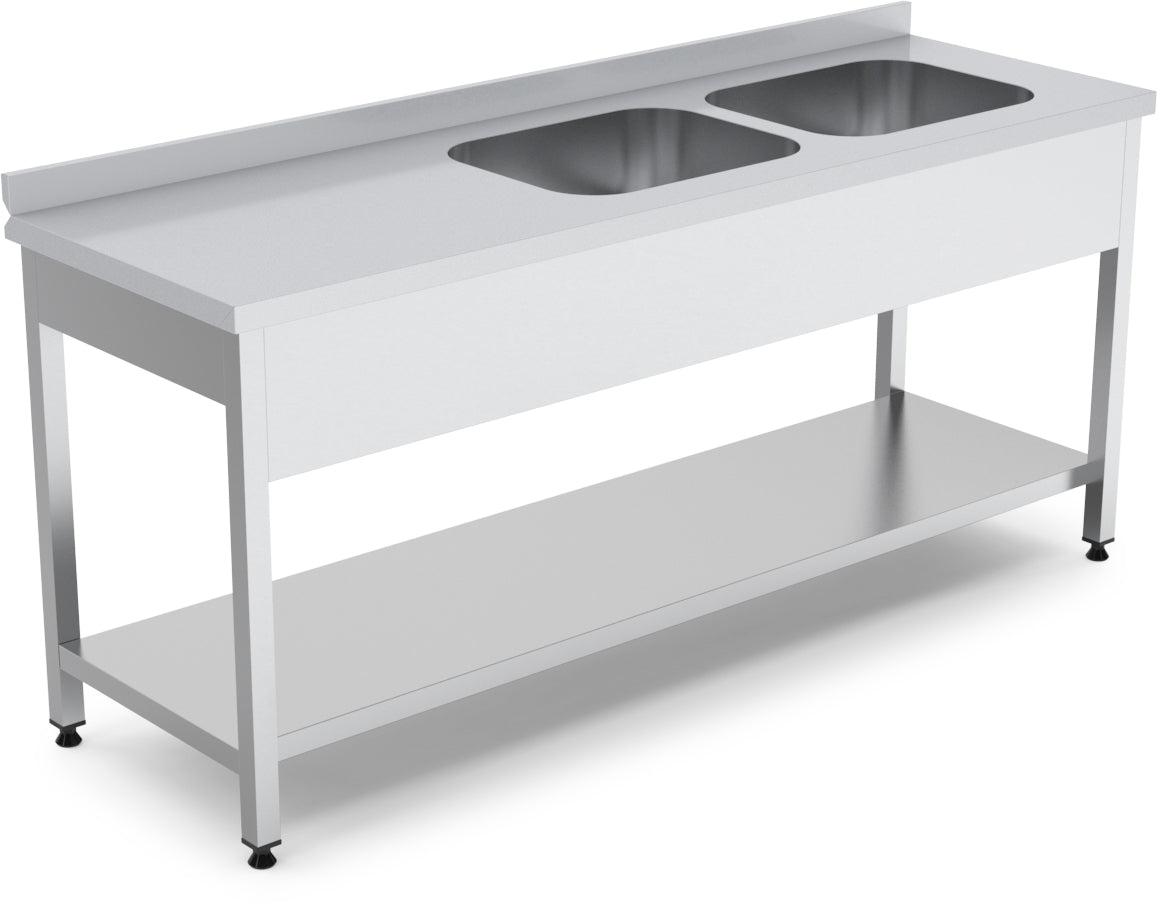 Spültisch – 2 Becken links – 1800×600×850 mm – Edelstahl – mit Grundboden