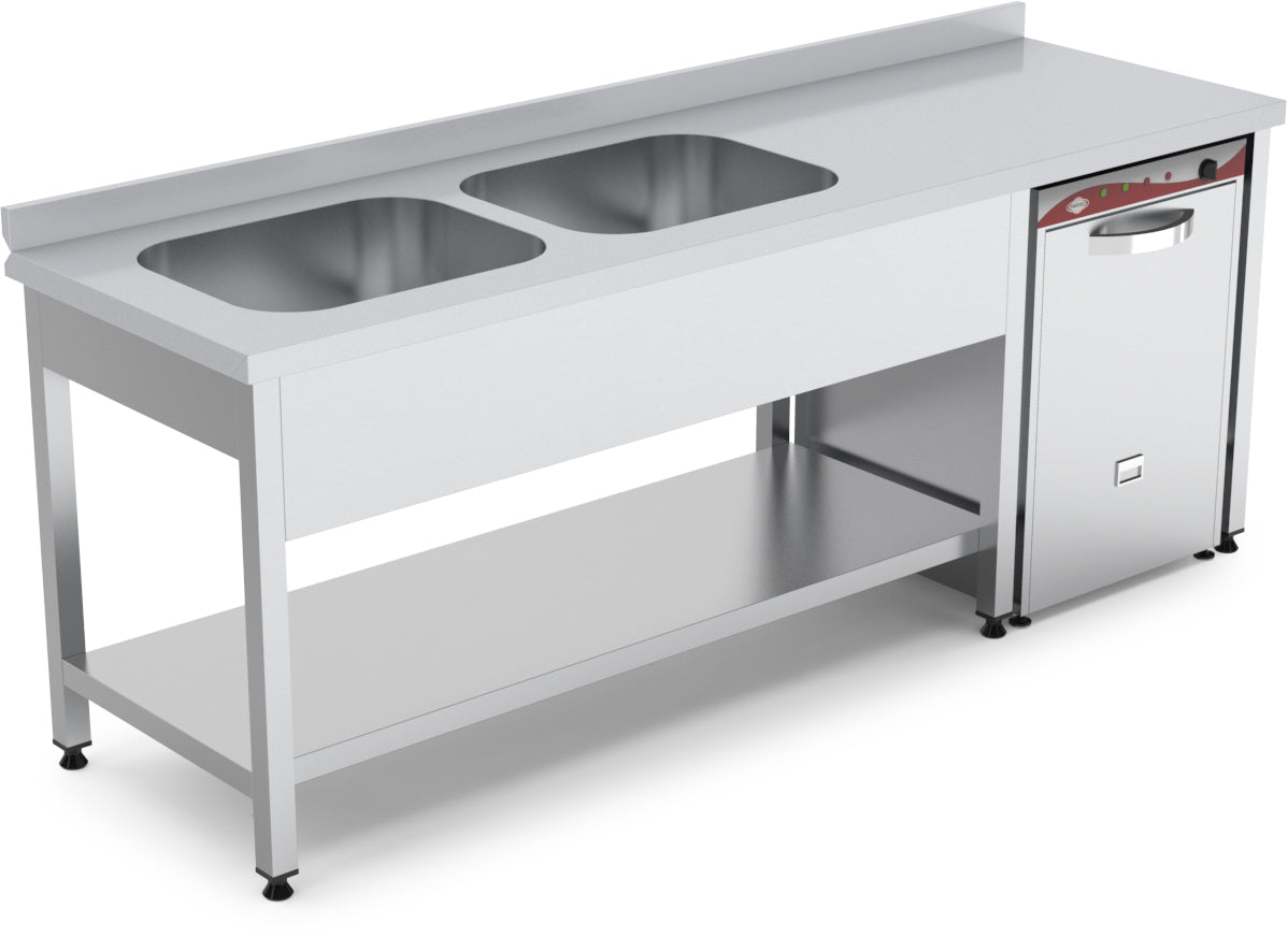 Abwassertisch – 2 Becken rechts – mit Grundboden – 2000×700×850 mm